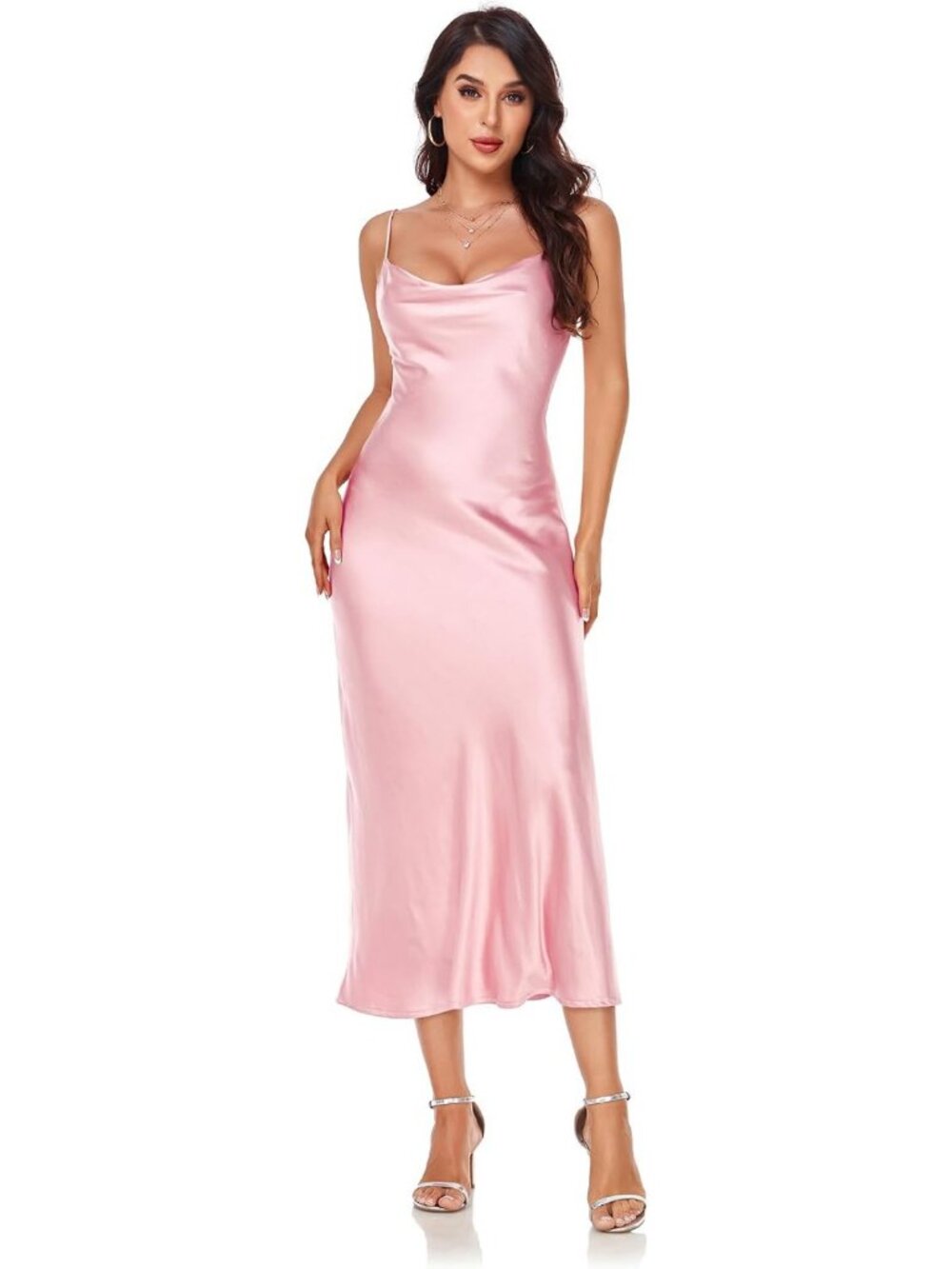 Chic Satin Silk Spaghetti Strap Midi Dress - Cowl Neck Party & Evening Style